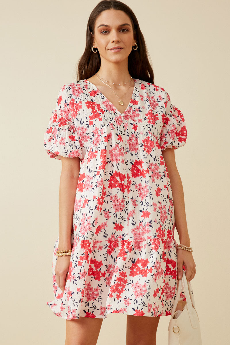 Floral Button Detail Textured Ruffle Sleeve Dress