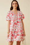 HY7214 Pink Womens Floral Button Detail Textured Ruffle Sleeve Dress Front
