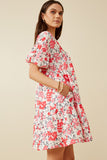 HY7214 Pink Womens Floral Button Detail Textured Ruffle Sleeve Dress Side