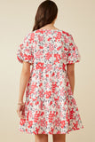 HY7214 Pink Womens Floral Button Detail Textured Ruffle Sleeve Dress Back