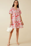 HY7214 Pink Womens Floral Button Detail Textured Ruffle Sleeve Dress Full Body