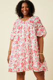 HY7214W Pink Plus Floral Button Detail Textured Ruffle Sleeve Dress Front