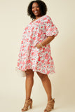 HY7214W Pink Plus Floral Button Detail Textured Ruffle Sleeve Dress Full Body