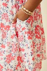 HY7214W Pink Plus Floral Button Detail Textured Ruffle Sleeve Dress Detail