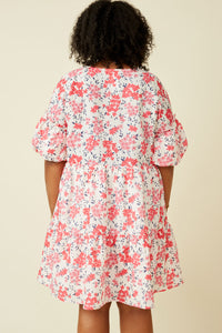 HY7214W Pink Plus Floral Button Detail Textured Ruffle Sleeve Dress Back