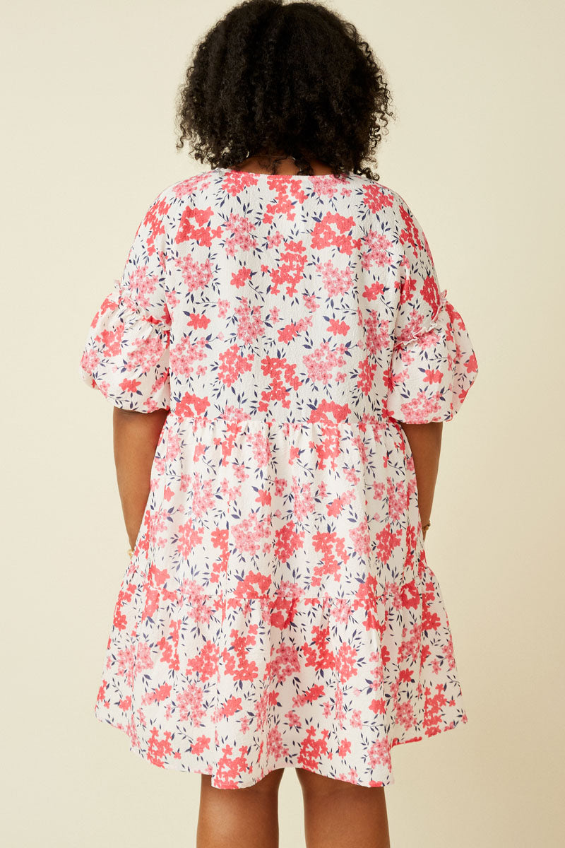 HY7214W Pink Plus Floral Button Detail Textured Ruffle Sleeve Dress Back