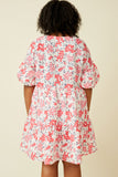HY7214W Pink Plus Floral Button Detail Textured Ruffle Sleeve Dress Back