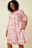 HY7214W Pink Plus Floral Button Detail Textured Ruffle Sleeve Dress Front 3