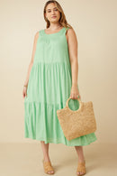 HY7220W Green Plus Textured Stripe Tiered Tank Dress Front
