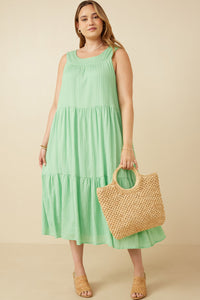 HY7220W Green Plus Textured Stripe Tiered Tank Dress Front