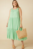 HY7220W Green Plus Textured Stripe Tiered Tank Dress Front