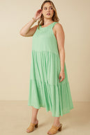 HY7220W Green Plus Textured Stripe Tiered Tank Dress Detail
