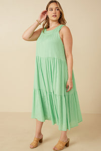 HY7220W Green Plus Textured Stripe Tiered Tank Dress Detail