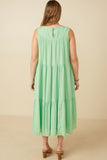 HY7220W Green Plus Textured Stripe Tiered Tank Dress Full Body