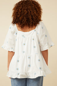 HY7224W Blue Plus All Over Daisy Embroidered Square Neck Top Full Body