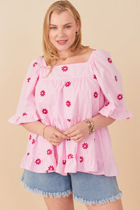 HY7224W Red Plus All Over Daisy Embroidered Square Neck Top Front