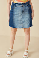 HY7232 Mid Denim Womens Paperbag Waist Washed Panel Denim Skirt Front