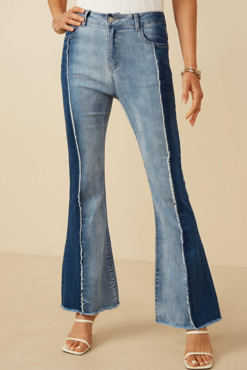 Fray Detailed Two Tone Flare Jeans