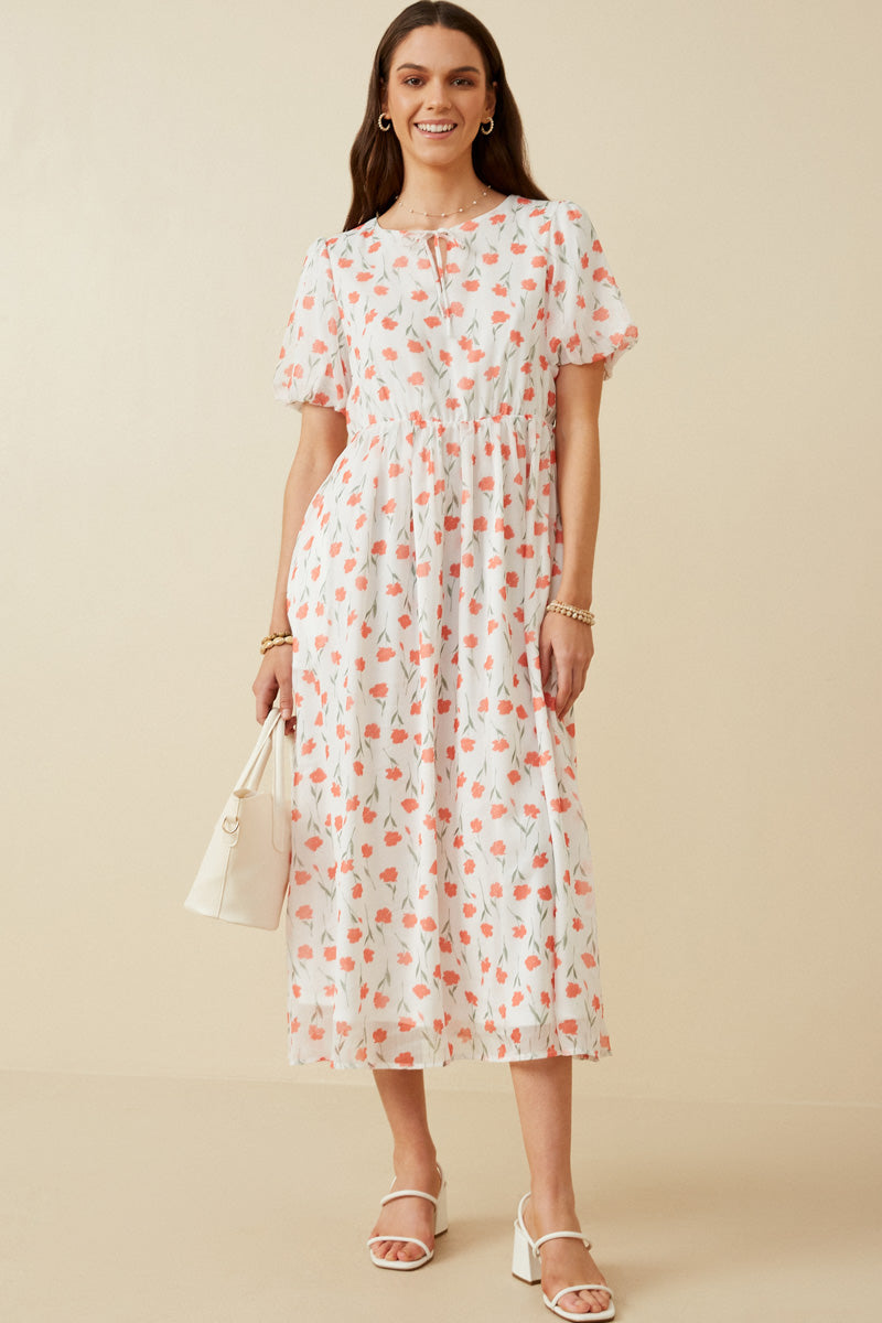 Tie Neck Floral Puff Sleeve Dress