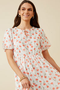 HY7247 Off White Womens Tie Neck Floral Puff Sleeve Dress Front