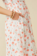 HY7247 Off White Womens Tie Neck Floral Puff Sleeve Dress Side