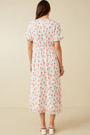 HY7247 Off White Womens Tie Neck Floral Puff Sleeve Dress Back