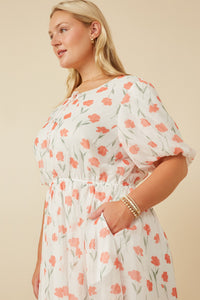 HY7247W Off White Womens Tie Neck Floral Puff Sleeve Dress Front