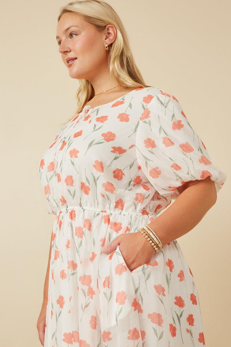 HY7247W Off White Womens Tie Neck Floral Puff Sleeve Dress Front