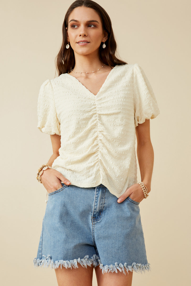 Puff Sleeve V Neck Gathered Front Top