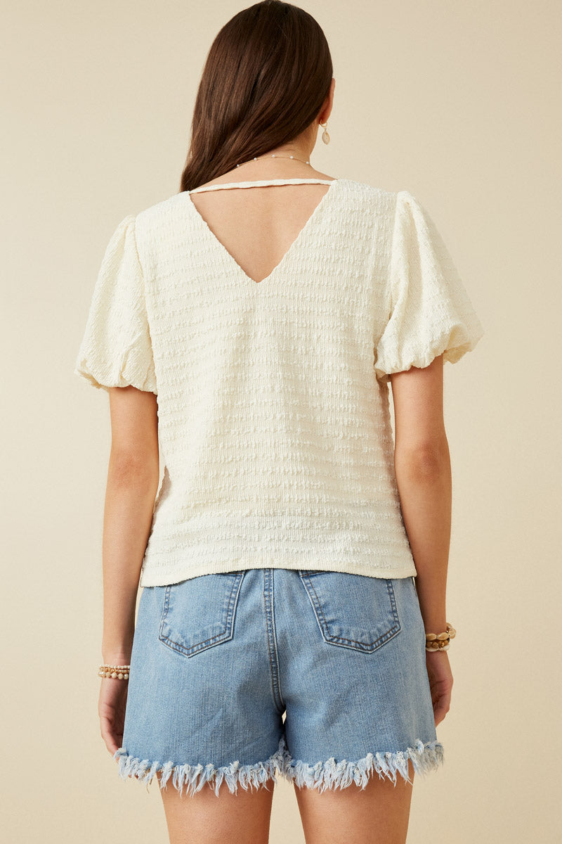 HY7248 Ivory Womens Puff Sleeve V Neck Gathered Front Top Back