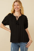 HY7252 Black Womens Tasseled Pleated Sleeve Crochet Textured Top Front