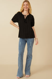 HY7252W Black Plus Tasseled Pleated Sleeve Crochet Textured Top Side