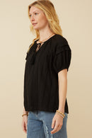 HY7252W Black Plus Tasseled Pleated Sleeve Crochet Textured Top Front 2