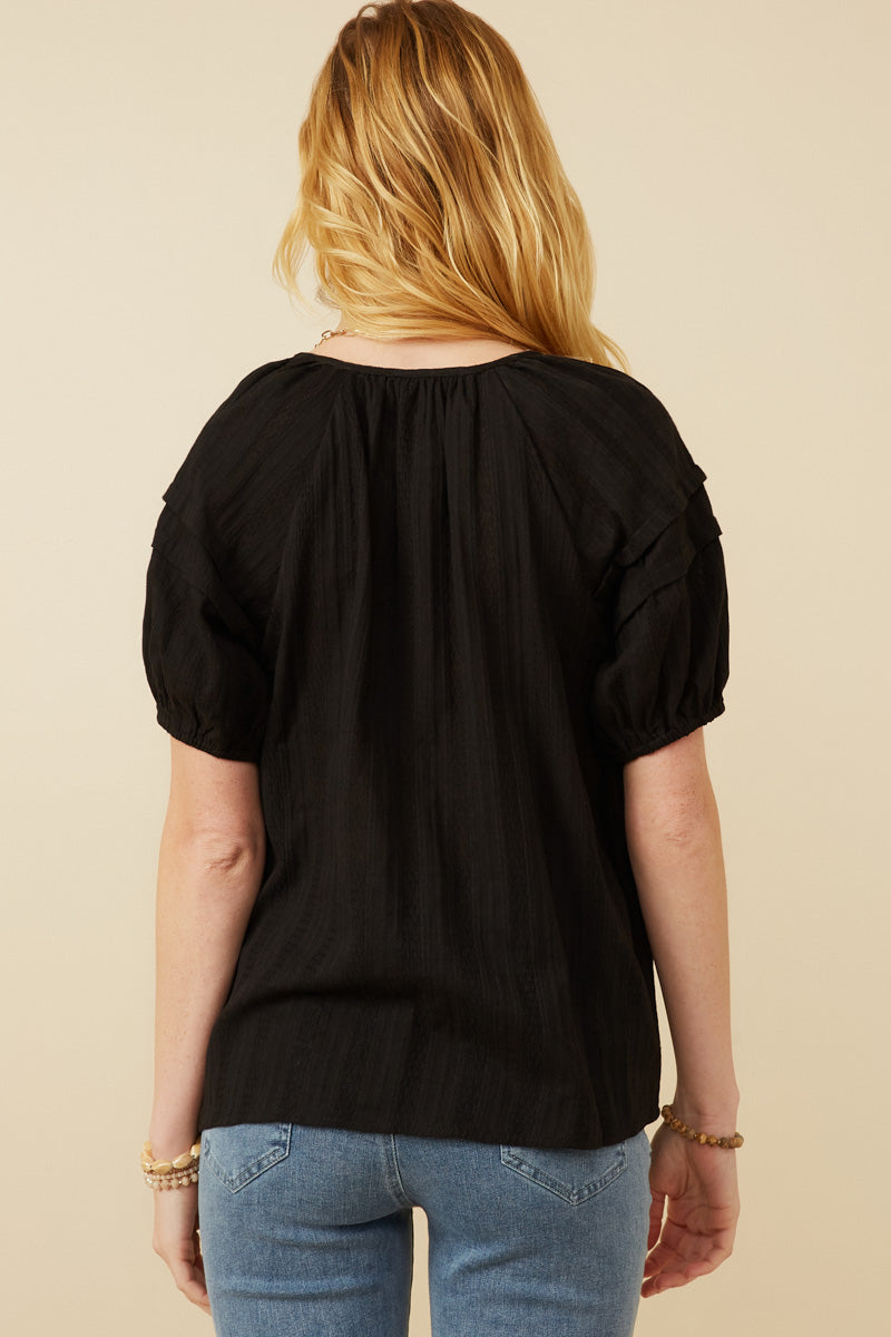 HY7252W Black Plus Tasseled Pleated Sleeve Crochet Textured Top Back