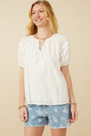 HY7252W Off White Plus Tasseled Pleated Sleeve Crochet Textured Top Gif