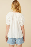 HY7252W Off White Plus Tasseled Pleated Sleeve Crochet Textured Top Back
