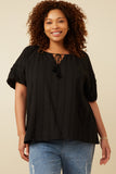 Tasseled Pleated Sleeve Crochet Textured Top