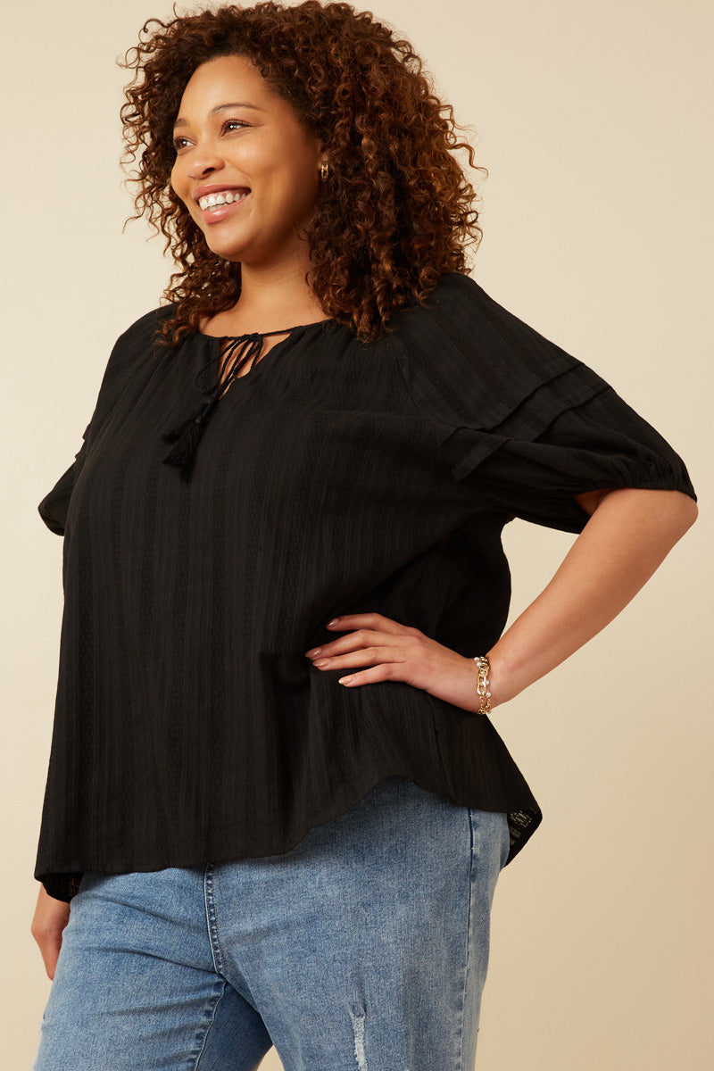 Tasseled Pleated Sleeve Crochet Textured Top