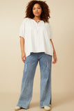 HY7252W Off White Plus Tasseled Pleated Sleeve Crochet Textured Top Front