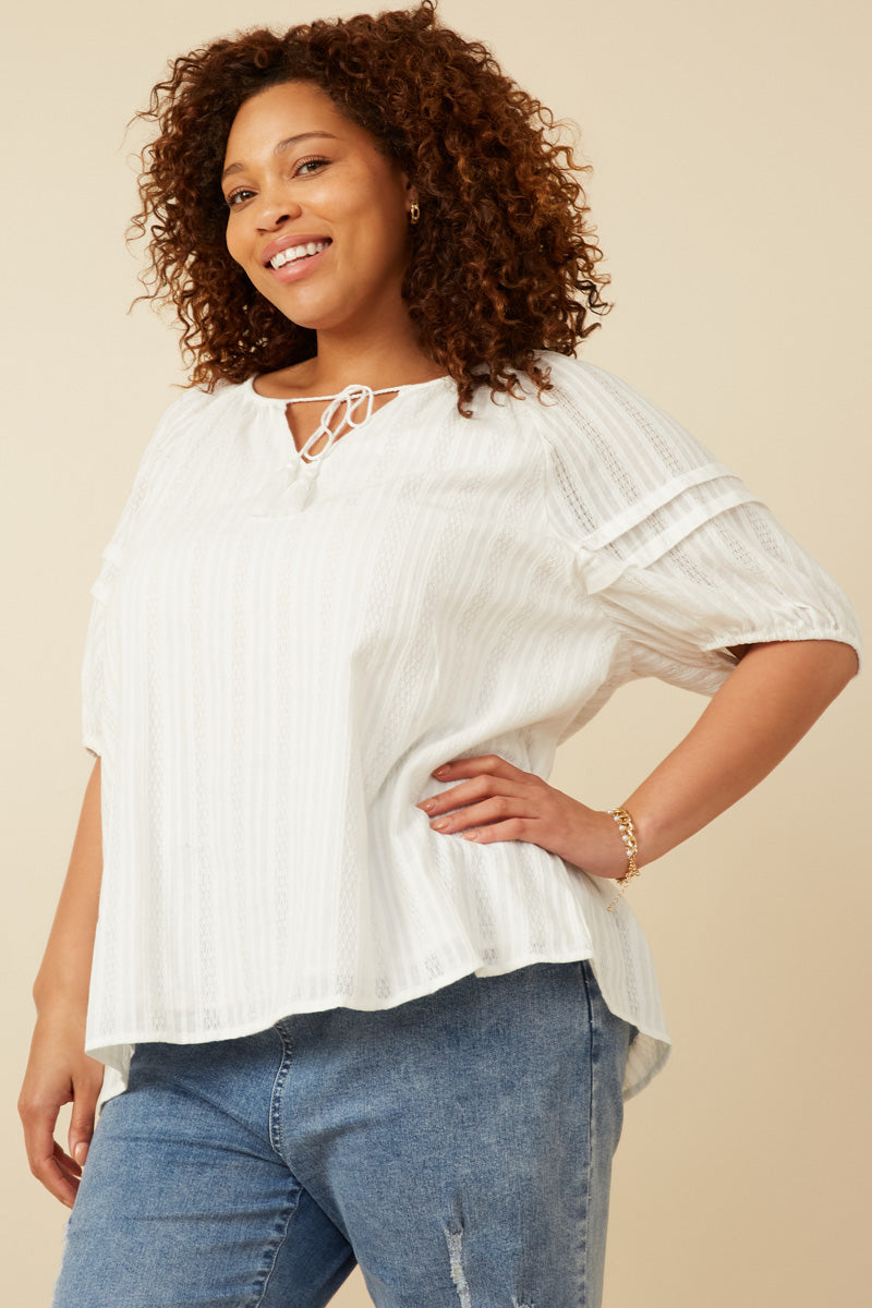 HY7252 Off White Womens Tasseled Pleated Sleeve Crochet Textured Top Gif