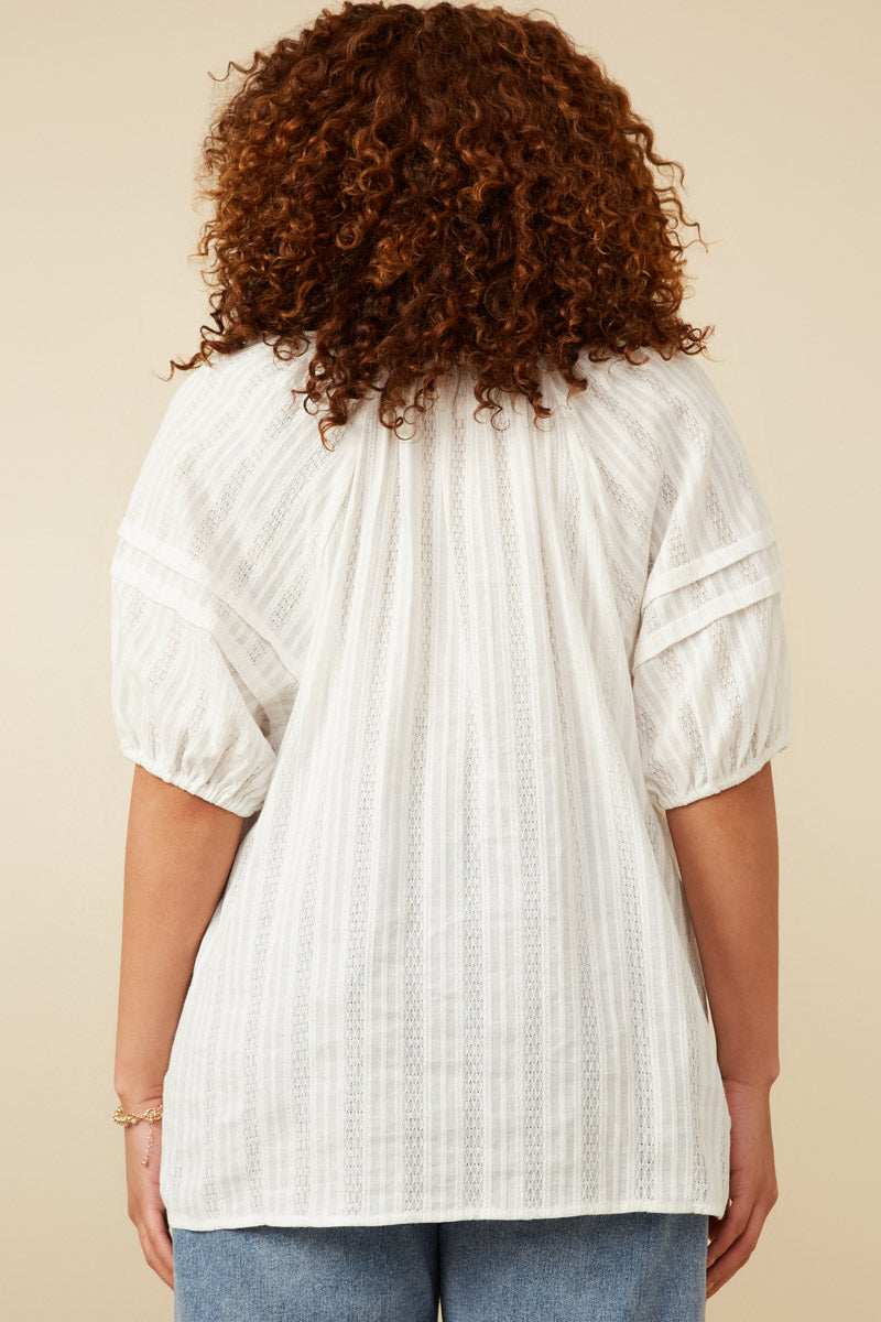 HY7252 Off White Womens Tasseled Pleated Sleeve Crochet Textured Top Front 2