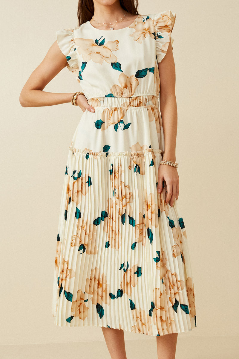 HY7253 Cream Womens Large Floral Dropped Pleated Skirt Soft Stain Dress Detail