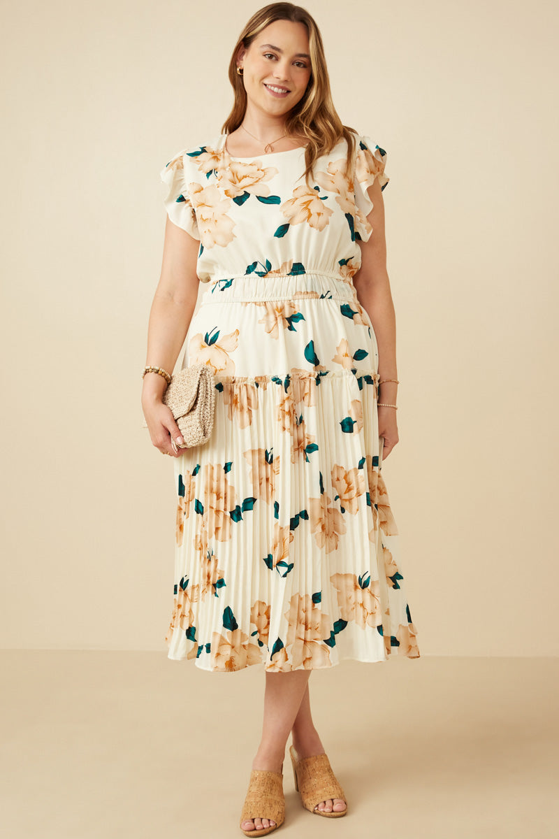 Large Floral Dropped Pleated Skirt Soft Satin Dress