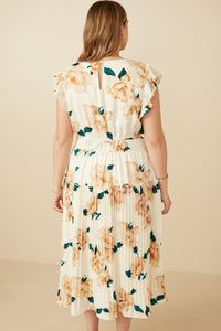 HY7253W Cream Plus Large Floral Dropped Pleated Skirt Soft Satin Dress Side