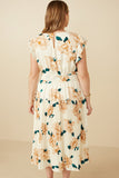 HY7253W Cream Plus Large Floral Dropped Pleated Skirt Soft Satin Dress Side