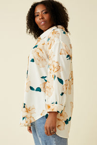 HY7254W Cream Plus Romantic Floral Soft Stain Button Up Shirt Full Body