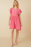 HY7260 Pink Womens Puff Sleeve Textured Dress Gif