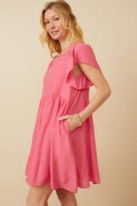 HY7260 Pink Womens Puff Sleeve Textured Dress Back