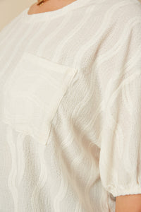 HY7263W Ivory Womens Textured Knit Drop Shoulder Pocket Tee Full Body
