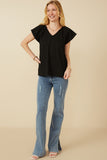 HY7264 Black Womens Exaggerated Ruffle Textured Knit Tank Full Body